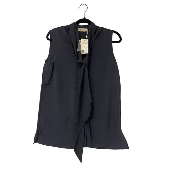 Tory Burch Womens Sleeveless Bow Blouse Shirt Top Size 8 Navy Blue NWT $250